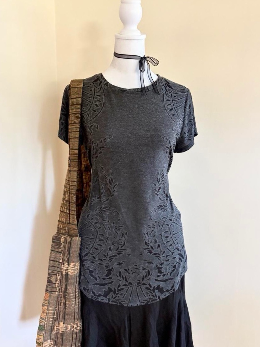 Vintage Y2K fairy grunge embroidered floral vine knit top gray burnout euro S